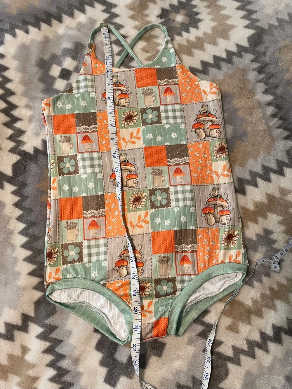 Girls Cottage Core Patchwork Mushroom One-Piece Sun or Body Suit
